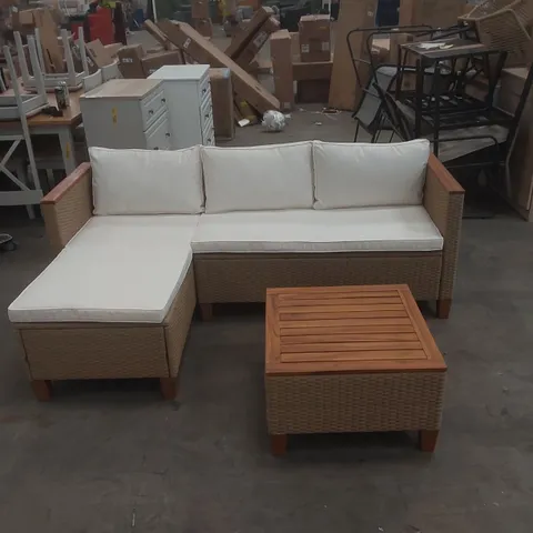 OUTDOOR WICKER PATIO CONVERSATION FURNITURE SET WITH ACACIA WOOD COFFEE TABLE