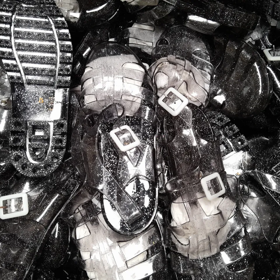BOX OF APPROXIMATELY 20 PAIRS OF LINZI CLOSED TOE SANDALS IN TRANSPARENT BLACK W. GLITTER EFFECT - VARIOUS SIZES - COLLECTION ONLY