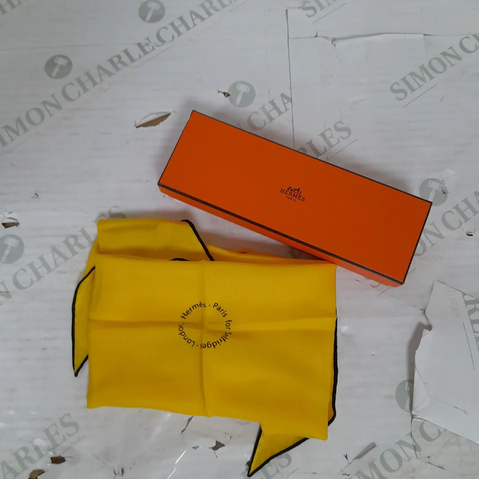 BOXED HERMES SCARF IN YELLOW WITH BLACK BORDER ONE SIZE