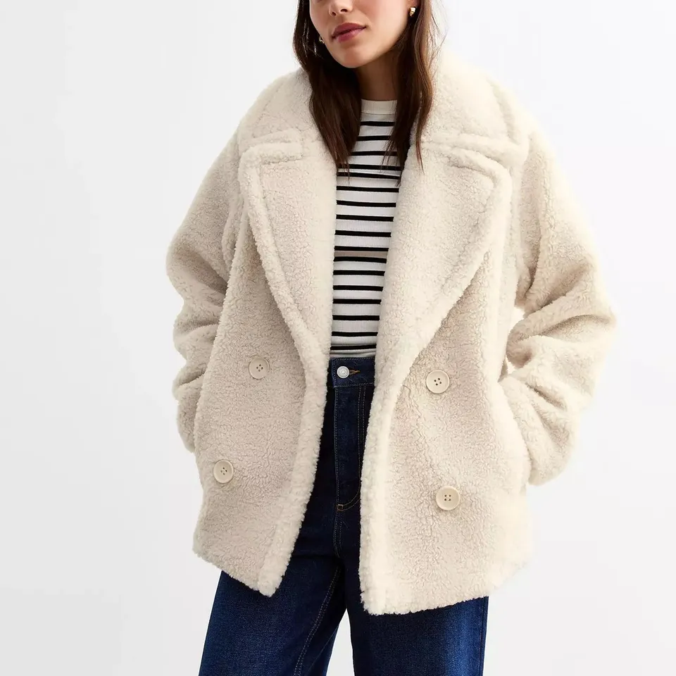 NEW LOOK SHORT BORG COAT - OFF WHITE - SIZE 8