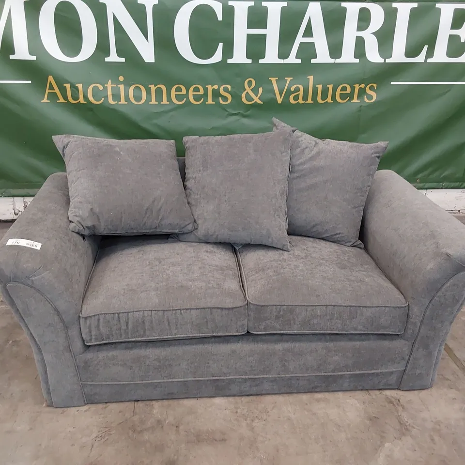 DESIGNER TWO SEATER SOFA WITH SCATTER CUSHIONS GREY FABRIC 