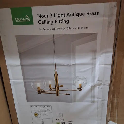 BOXED DUNELM NOUR 3 LIGHT ANTIQUE BRASS CEILING FITTING