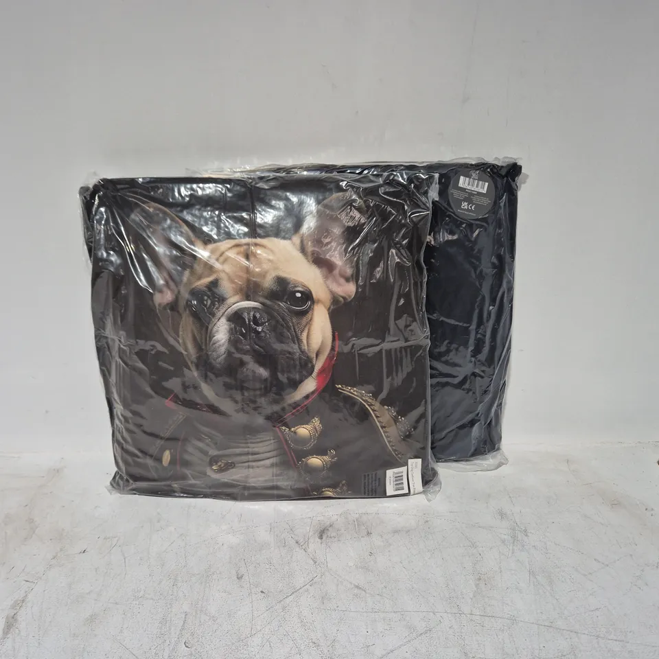 LOT OF 16 AS NEW TOP DOG TAN FRENCHIE THEMED FILLED CUSHIONS - 45X45CM