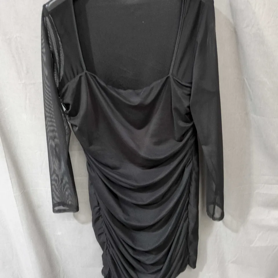 PRETTYLITTLETHING BLACK RUCHED DRESS WITH MESH SLEEVES, UK 16
