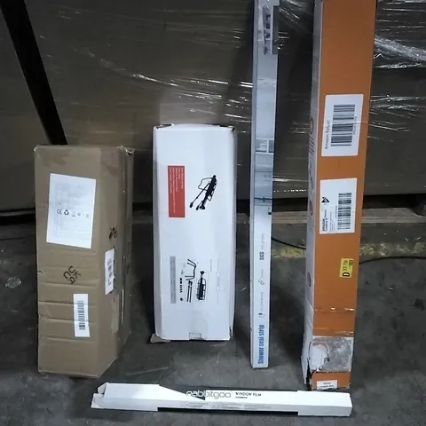 PALLET OF HOUSEHOLD ITEMS TO INCLUDE LIGHT FIXTURE, WINDOW FILM, BIKE CARRIER RACK, RETRACTABLE SAFETY GATE AND OTHER ASSORTED ITEMS...