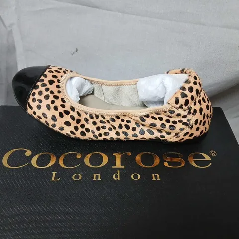 COCOROSE LONDON LEOPARD PONY HAIR FLATS WITH BLACK PATENT TOE CAP – UK 3.5 (EU 36)