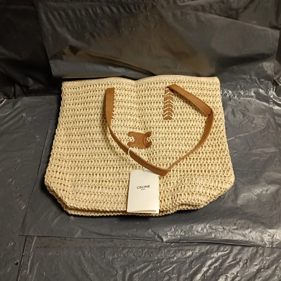 CELINE PARIS WOVEN STRAW TOTE BAG – NATURAL WITH TAN LEATHER HANDLES