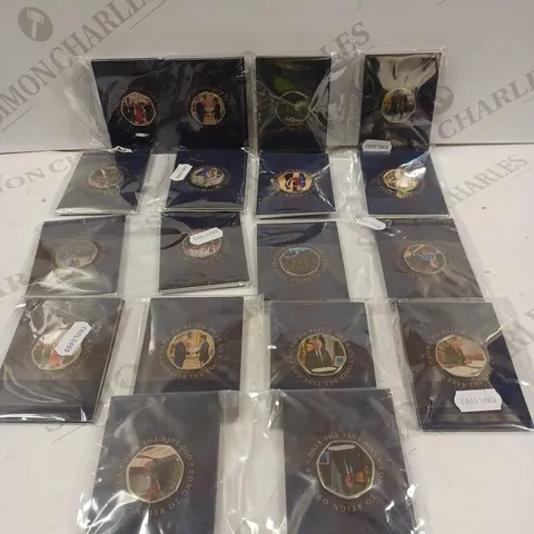 BOX TO CONTAIN APPROX. 36 X COMMEMORATIVE BRITISH COINS. DESIGNS VARY