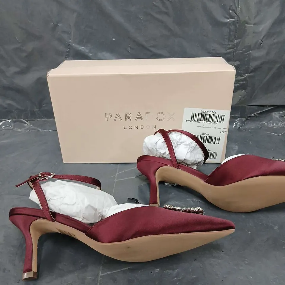 BOXED PAIR OF PARADOX LONDON CERYS BURGUNDY SATIN EU 41 