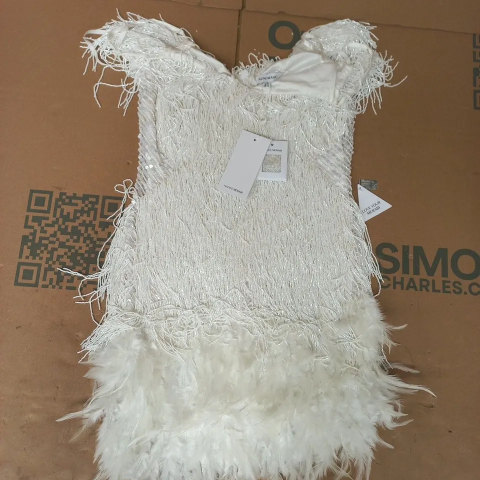 NADINE MERABI WHITE FEATHERED/BEADED FRINGE GARMENT DRESS SIZE UK 10