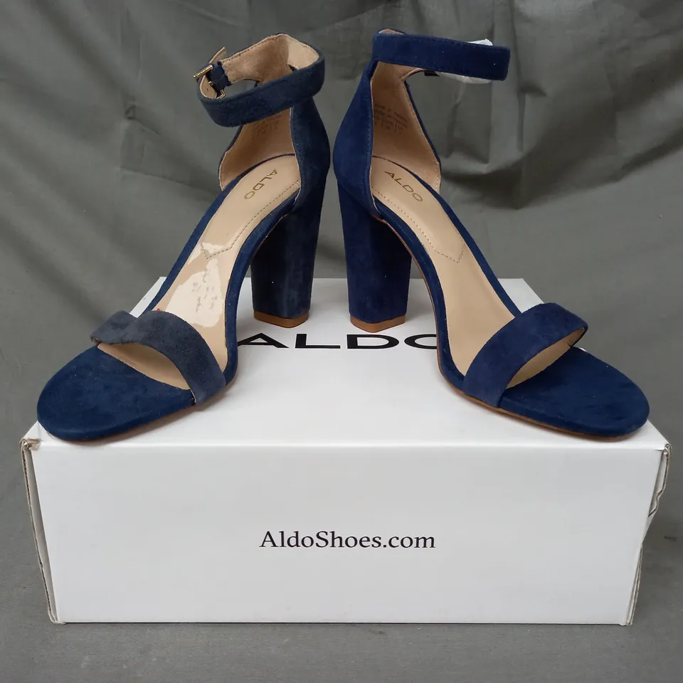 BOXED PAIR OF ALDO JERAYCLYA OPEN TOE BLOCK HEEL SANDALS IN NAVY UK SIZE 3