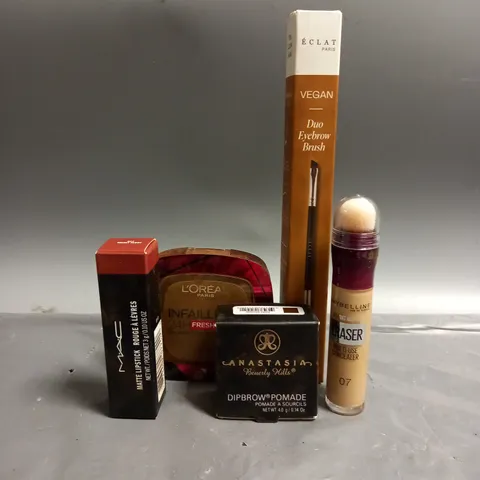 LOT OF 5 ASSORTED HEALTH AND BEAUTY ITEMS TO INCLUDE ANASTASIA BEVERLY HILLS DIPBROW POMADE IN DARK BROWN, MAC MATTE LIPSTICK IN VELVET TEDDY, MAYBELLINE MULTI-USE CONCEALER SHADE 7 (6.8ML), ETC.