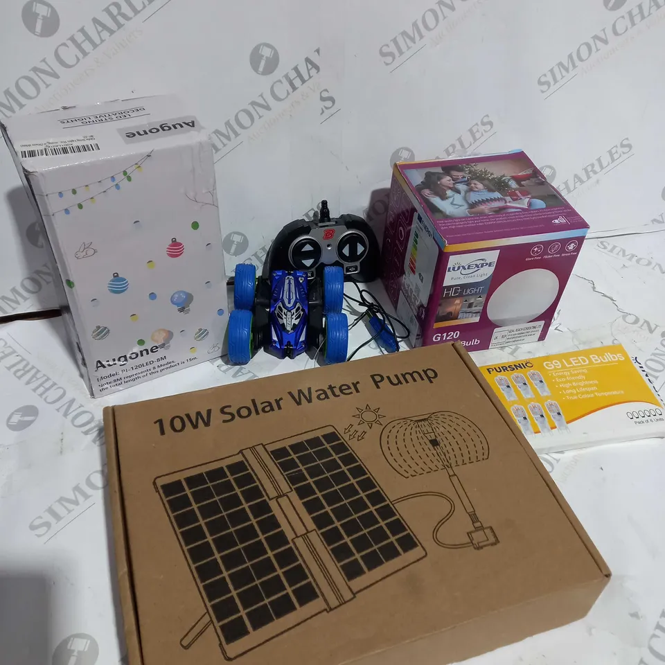 BOX OF APPROXIMATELY 5 ASSORTED ITEMS TO INCLUDE REMOTE CAR, BALL LIGHT, SOLAR WATER PUMP ETC