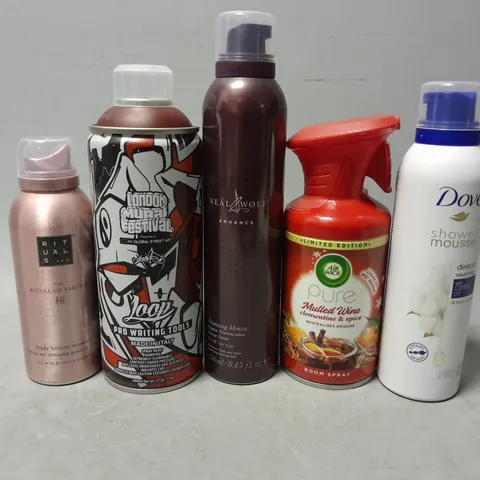 APPROXIMATELY 12 ASSORTED AEROSOLS TO INCLUDE - AIR WICK MULLED WINE , DOVE SHOWER MOUSSE ETC