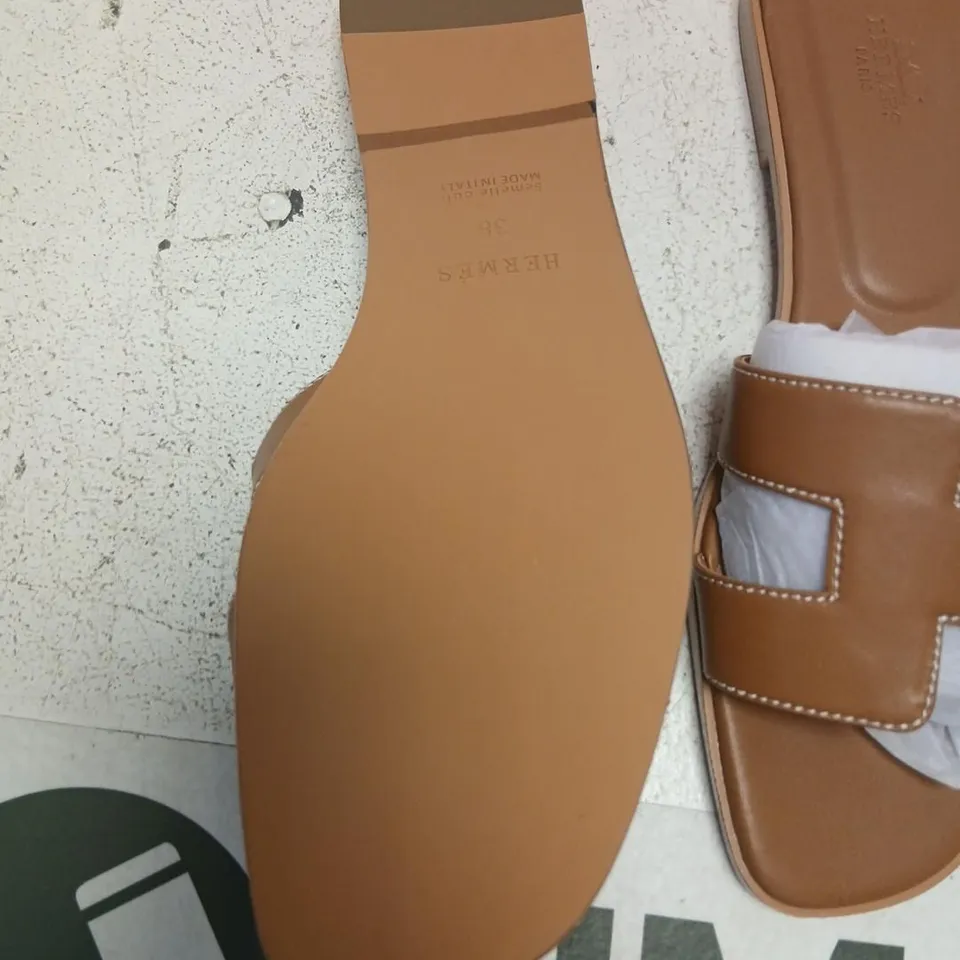HERMES ORAN LEATHER SANDALS – BROWN, BOXED SIZE 38