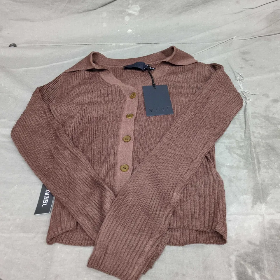 MINT VELVET SHEER COLLAR KNIT SHIRT IN BROWN SIZE M