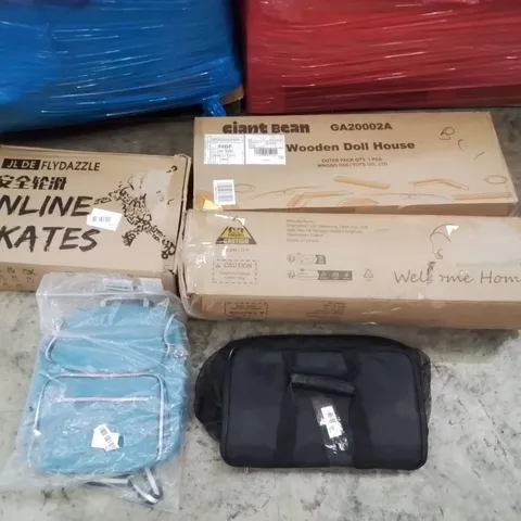 PALLET OF ASSORTED ITEMS TO INCLUDE: INLINE SKATES, WOODEN DOLL HOUSE, PET MATTRESS, BAGS ECT