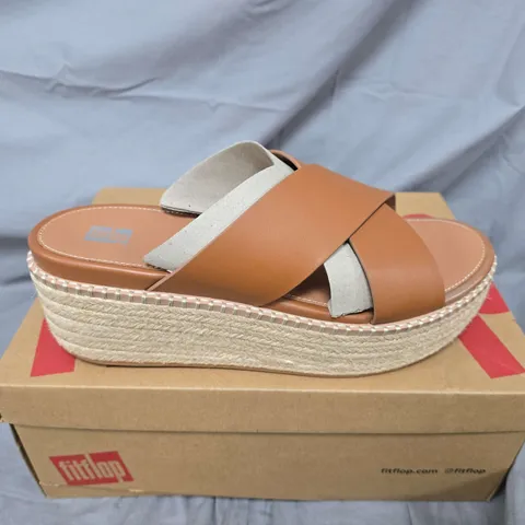 BOXED PAIR OF FITFLOP ELOISE ESPADRILLE LEATHER WEDGE CROSS SLIDES IN LIGHT TAN - UK 8