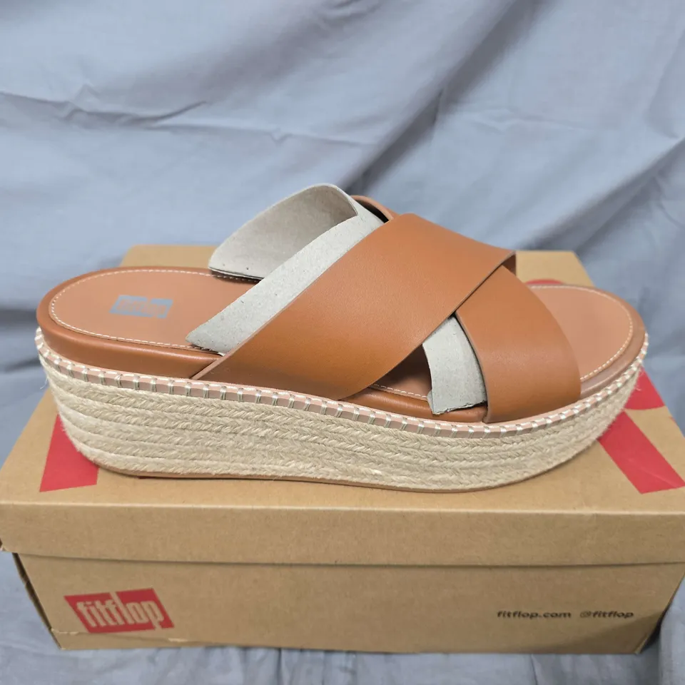 BOXED PAIR OF FITFLOP ELOISE ESPADRILLE LEATHER WEDGE CROSS SLIDES IN LIGHT TAN - UK 8