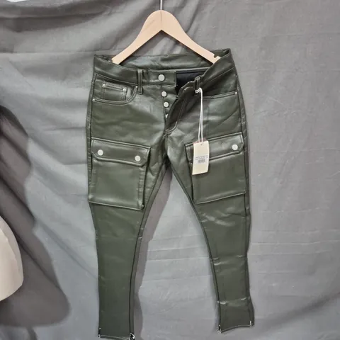 LEATHER SNAP CARGO PANTS – OLIVE, UK 28 