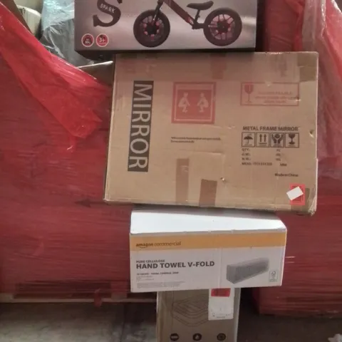 PALLET CONTAINING VARIOUS ASSORTED BOXED HOUSEHOLD ITEMS TO INCLUDE: BALANCE BIKE, HAND TOWELS, METAL FRAME MIRROR, AIR BED AND LOTS MORE UNMARKED BOXED ITEMS