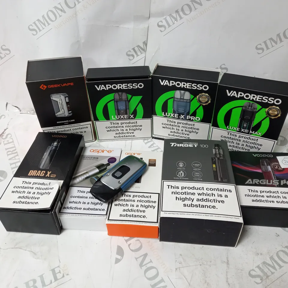 BOX OF APPROXIMATELY 10 ASSORTED E-CIG PRODUCTS TO INCLUDE GEEKVAPE, VAPORESSO, ASPIRE 