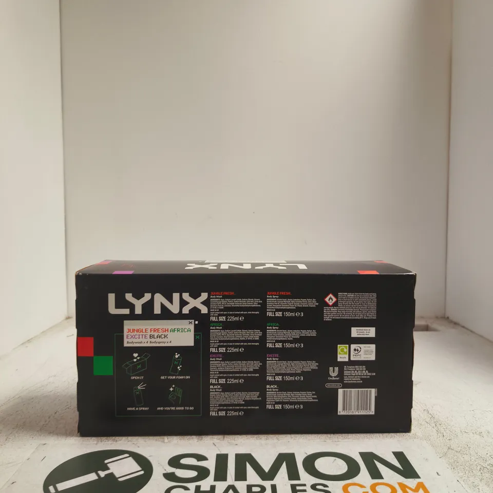 LYNX BODY SPRAY & BODYWASH SET, 4X150ML, 4 X 225ML, ASSORTED SCENTS (JUNGLE FRESH AFRICA & EXCITE BLACK)