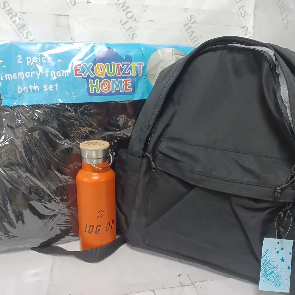 APPROXIMATELY 10 ASSORTED HOUSEHOLD ITEMS TO INCLUDE THERMAL FLASK, BATH MAT SET, UNBRANDED BACKPACK IN BLACK, ETC
