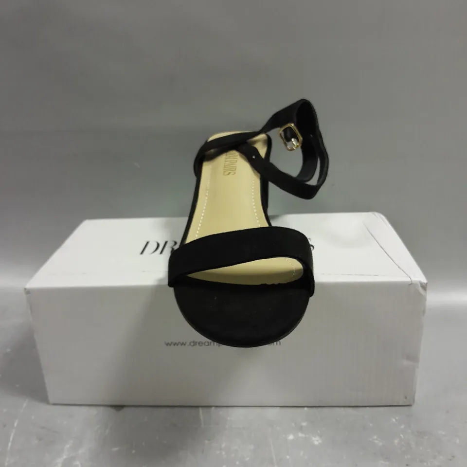 BOXED PAIR OF DREAM PARIS CARNIVAL BLACK SUEDE OPEN TOE SHOES - 9.5