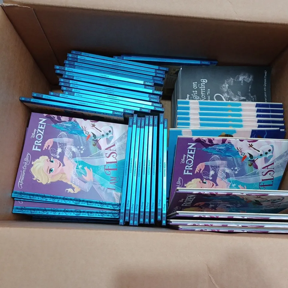 BOX TO CONTAIN APPROX. 50 X ASSORTED DISNEY BOOKS. INCLUDES FROZEN, MOANA, SLEEPING BEAUTY ETC 