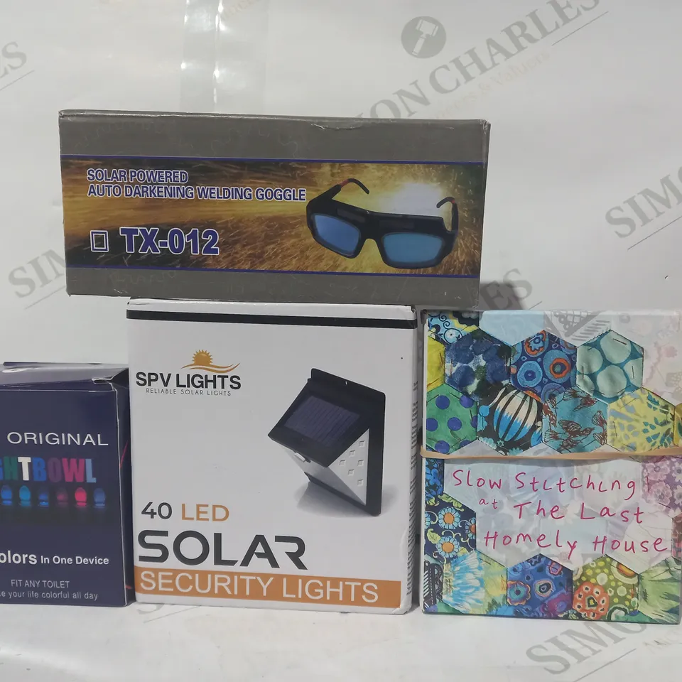 LOT OF APPROXIMATELY 10 ASSORTED HOUSEHOLD ITEMS TO INCLUDE SOLAR POWERED AUTO DARKENING WELDING GOGGLES, SOLAR SECURITY LIGHT, ETC