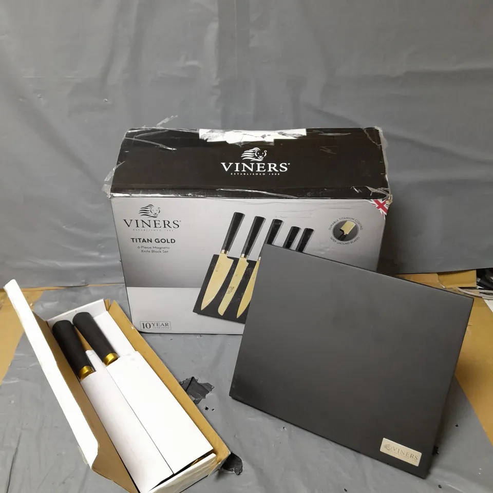 BOXED VINERS TITAN GOLD 6 PIECE MAGNETIC KNIFE BLOCK SET 
