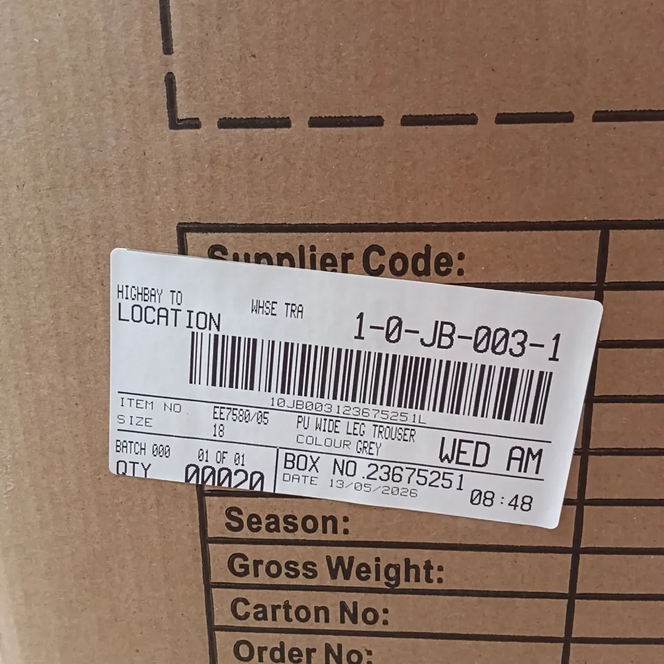 BOXED BRAND NEW APPROXIMATELY 20 JD WILLIAMS PU WIDE LEG TROUSERS, GREY, SIZE 18 (1 BOX)