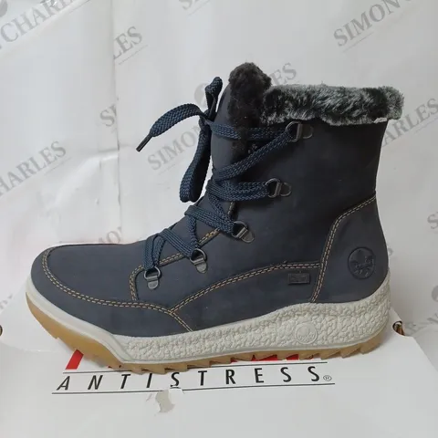 BOXED RIEKER WATER RESISTANT WARM HIKER BOOTS, NAVY - SIZE 7.5