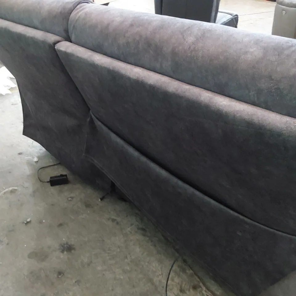 DESIGNER POWER RECLINING THREE SEATER SOFA GREY PLUSH FABRIC WITH BLACK PIPING