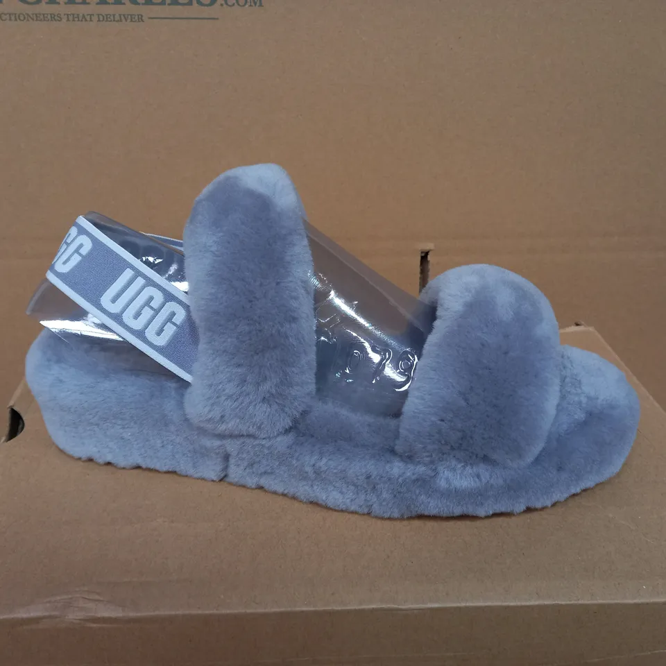 BOXED PAIR OF SIZE 8 UGG GREY FURRY OPEN SHOES 