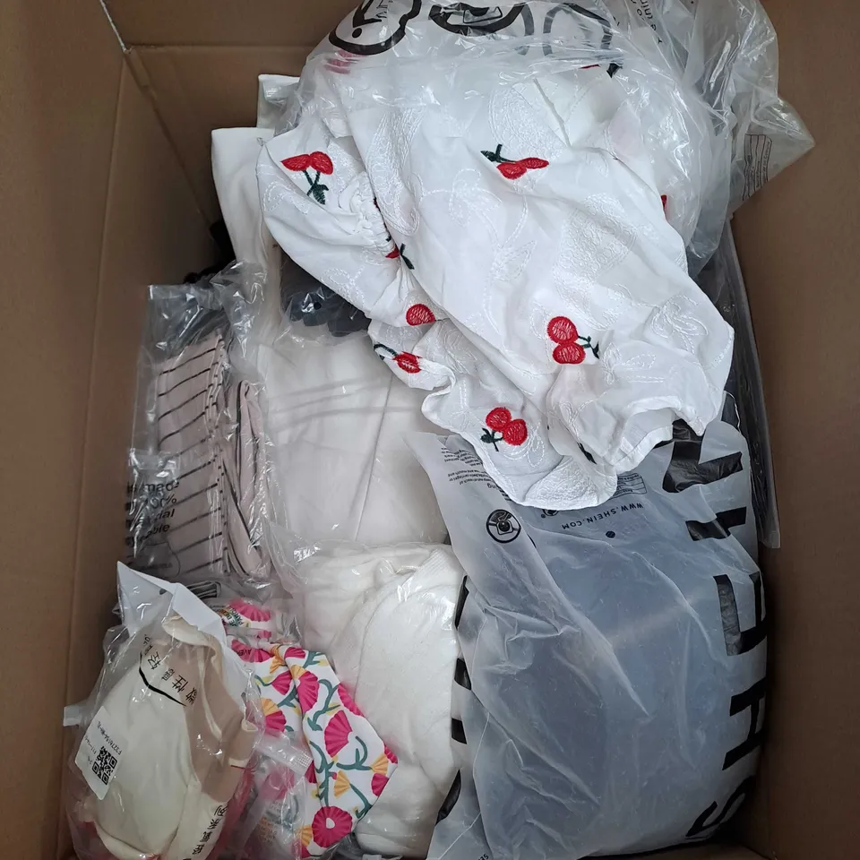 BOX OF ASSORTED CLOTHING ITEMS IN VARIOUS COLOURS, SIZES AND STYLES
