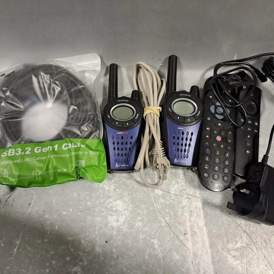 APPROXIMATELY 12 ASSORTED HOUSEHOLD ITEMS TO INCLUDE WALKIE TALKIE, TV REMOTES, CABLES, ETC