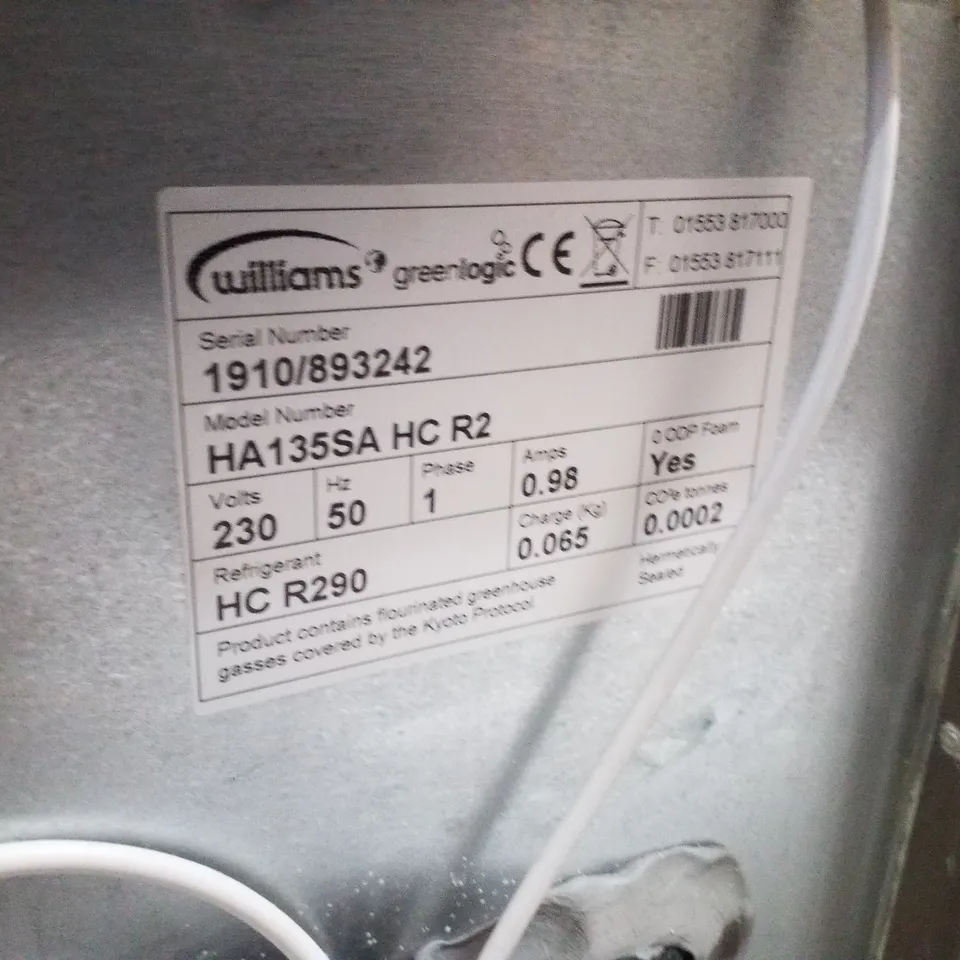 WILLIAMS HA135-SA SINGLE DOOR 135LTR UNDERCOUNTER REFRIGERATOR