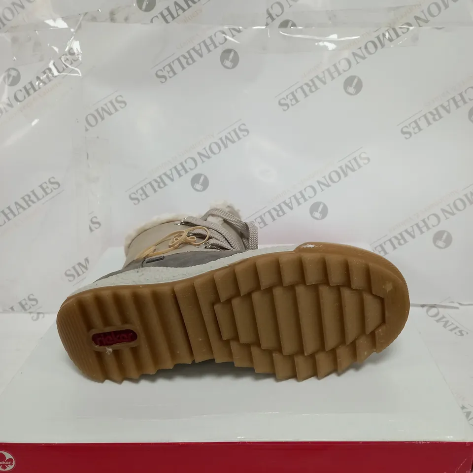 BOXED PAIR OF RIEKER ANTISTRESS WATER RESISTANT WARM HIKING BOOTS, CREAM - SIZE 6.5 