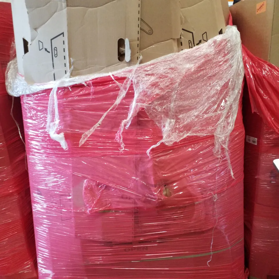 PALLET CONTAINING ASSORTED PRODUCTS INCLUDING PLAYPEN, 3-TIER WOOD FRUIT BASKET, WOK, CHOCOLATE FONDUE FOUNDATION & WRAPPED CANVAS PRINT