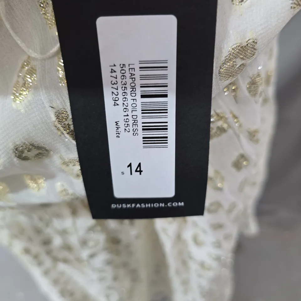 DUSK DRESS – WHITE & GOLD POLKA DOT, LACE-UP FRONT, WOMEN'S UK SIZE 14