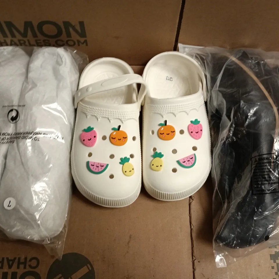 BOX OF APPROXIMATELY 15 ASSORTED PAIRS OF SHOES AND FOOTWEAR ITEMS IN VARIOUS COLOURS, STYLES, AND SIZES - COLLECTION ONLY