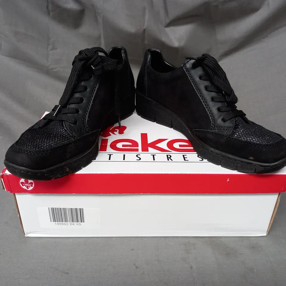BOXED PAIR OF RIEKER WEDGE TRAINERS IN BLACK SIZE 5