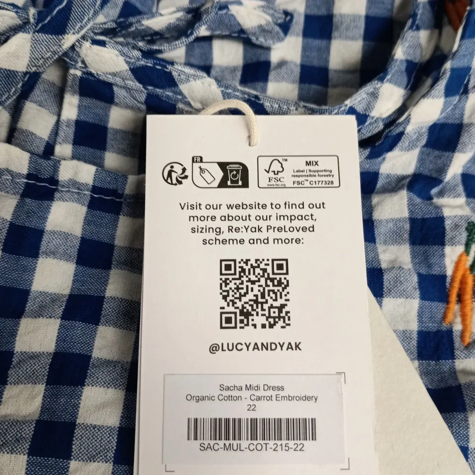 LUCY & YAK SACHA DRESS – ORGANIC COTTON, CARROT EMBROIDERY, BLUE & WHITE GINGHAM, UK SIZE 22