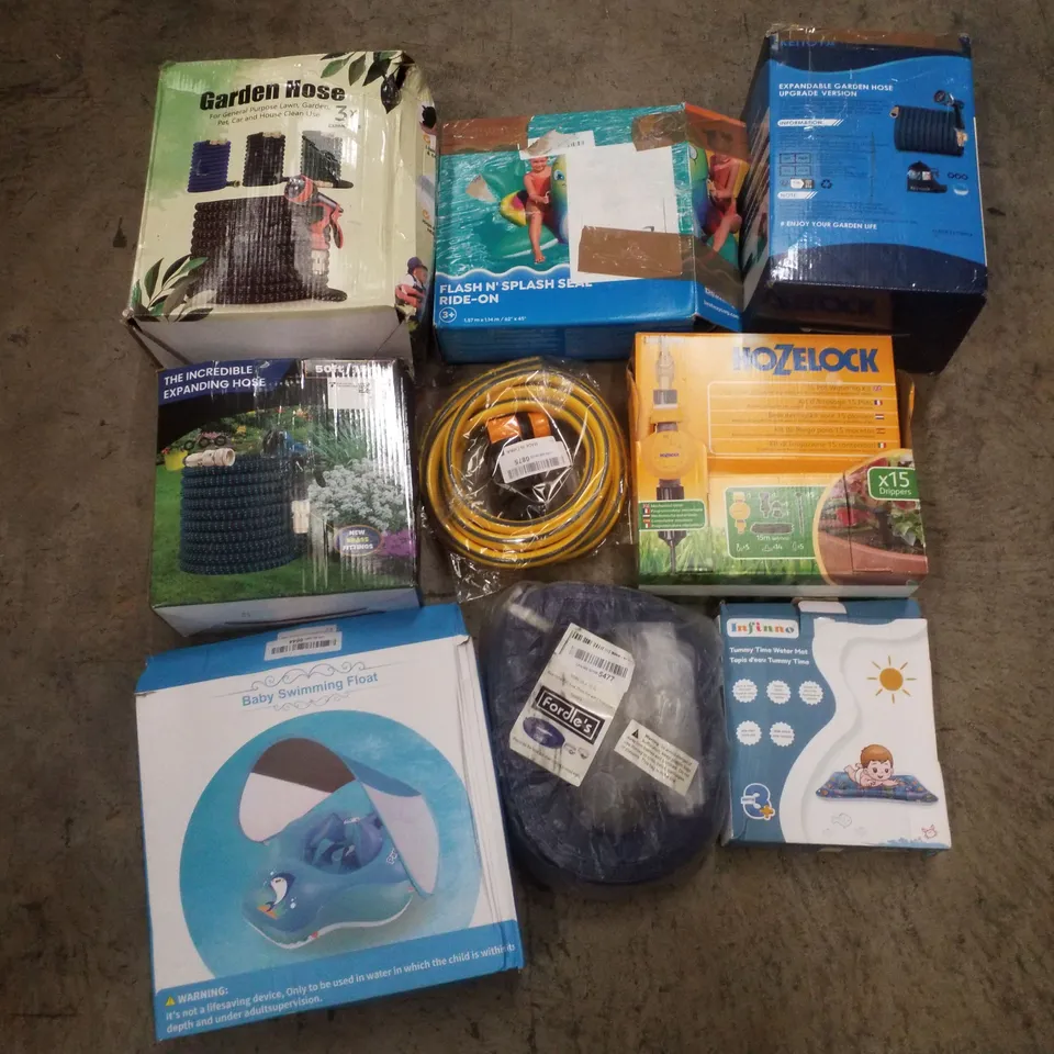 PALLET CONTAINING ASSORTED GARDEN HOSES & INFLATABLES