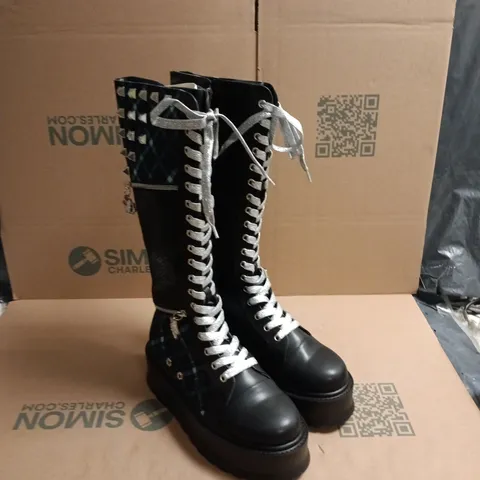 KOI X MONSTER HIGH WOMEN'S KNEE-HIGH LACE-UP BOOTS WITH SILVER STUDS, BLACK WITH TEAL PLAID PANELS – UK 9