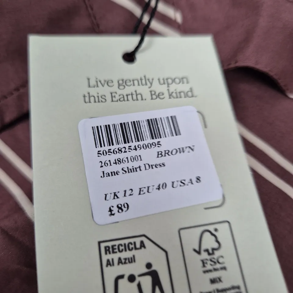 NOBODY'S CHILD JANE SHIRT DRESS – BROWN STRIPED, UK 12 (EU 40, USA 8)