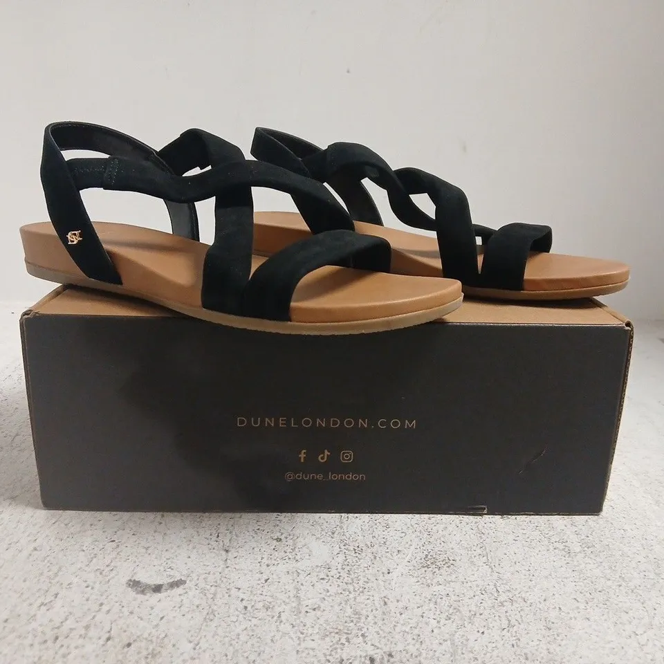 BOXED PAIR OF DUNE LONDON OPEN TOE CROSS STRAP SANDALS IN BLACK SIZE 6