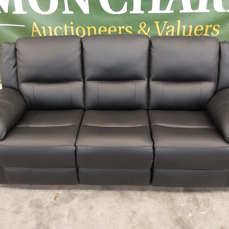 QUALITY DESIGNER ALBION 3 SEATER MANUAL RECLINER LEATHER SOFA - BLACK